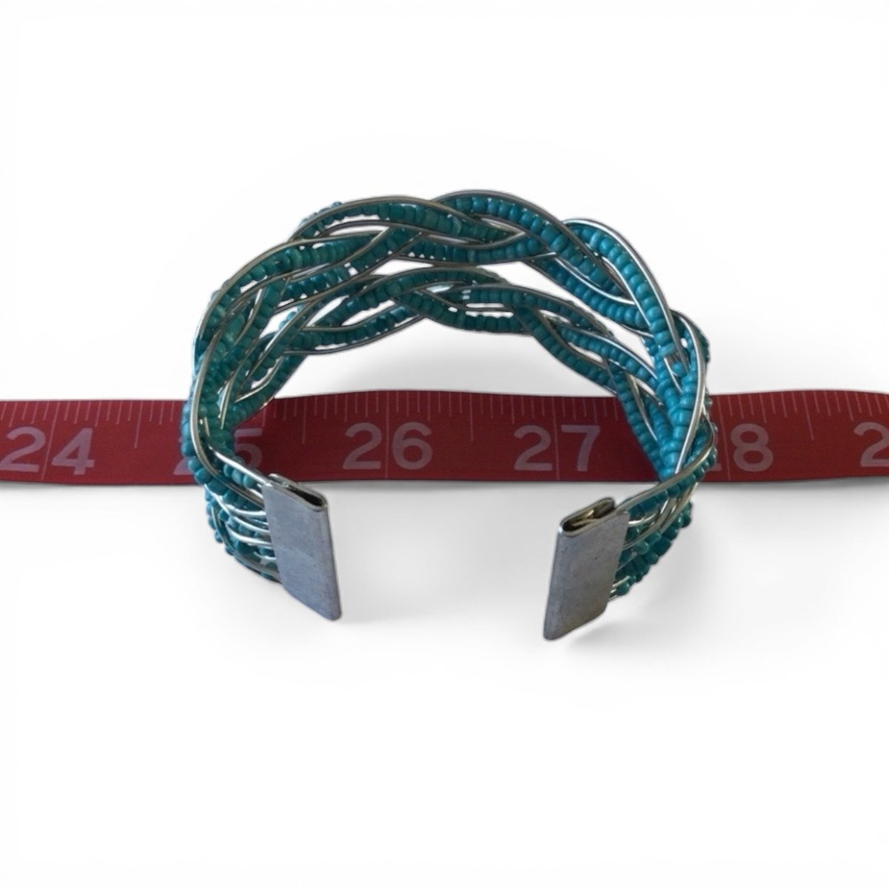 Braided Seed Bead Cuff Bracelet- Teal & Silver - Picture 10 of 12